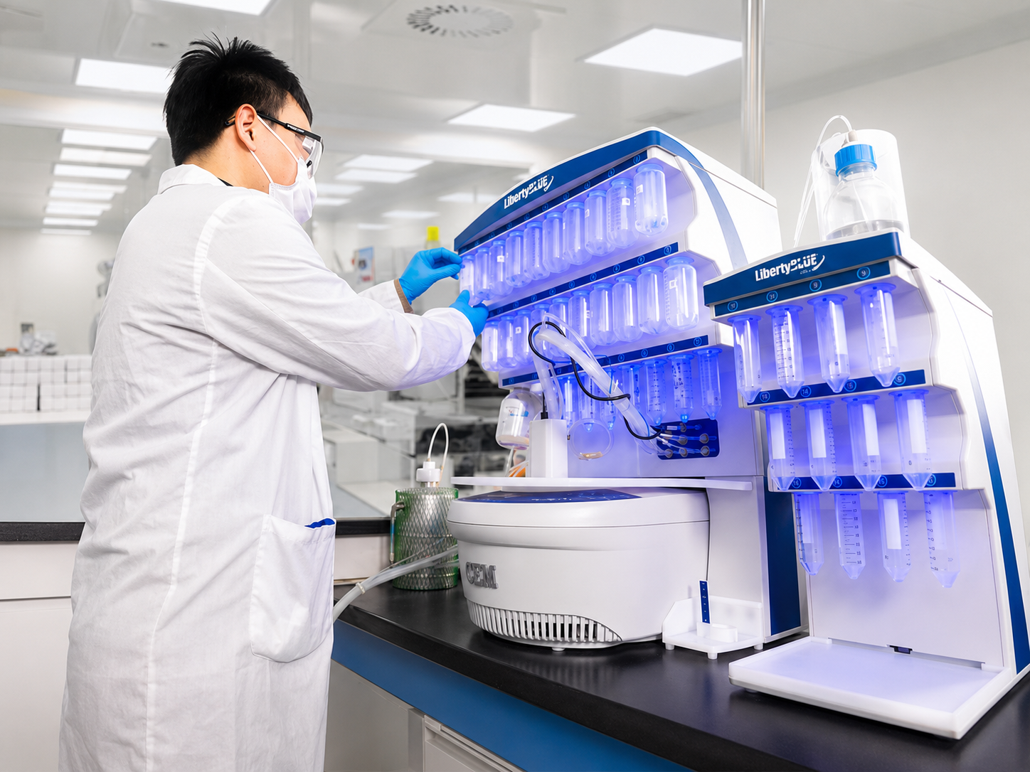 QIANMIAO PEPTIDES team reviewing QC results in the Qingdao lab